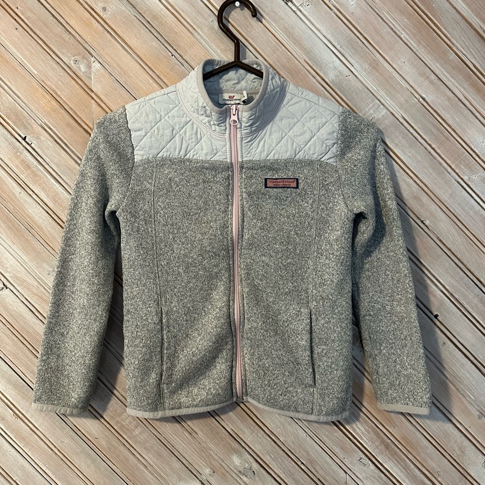 Vineyard Vines Light Gray & Pink Quilted Top Fleece Zipper Jacket